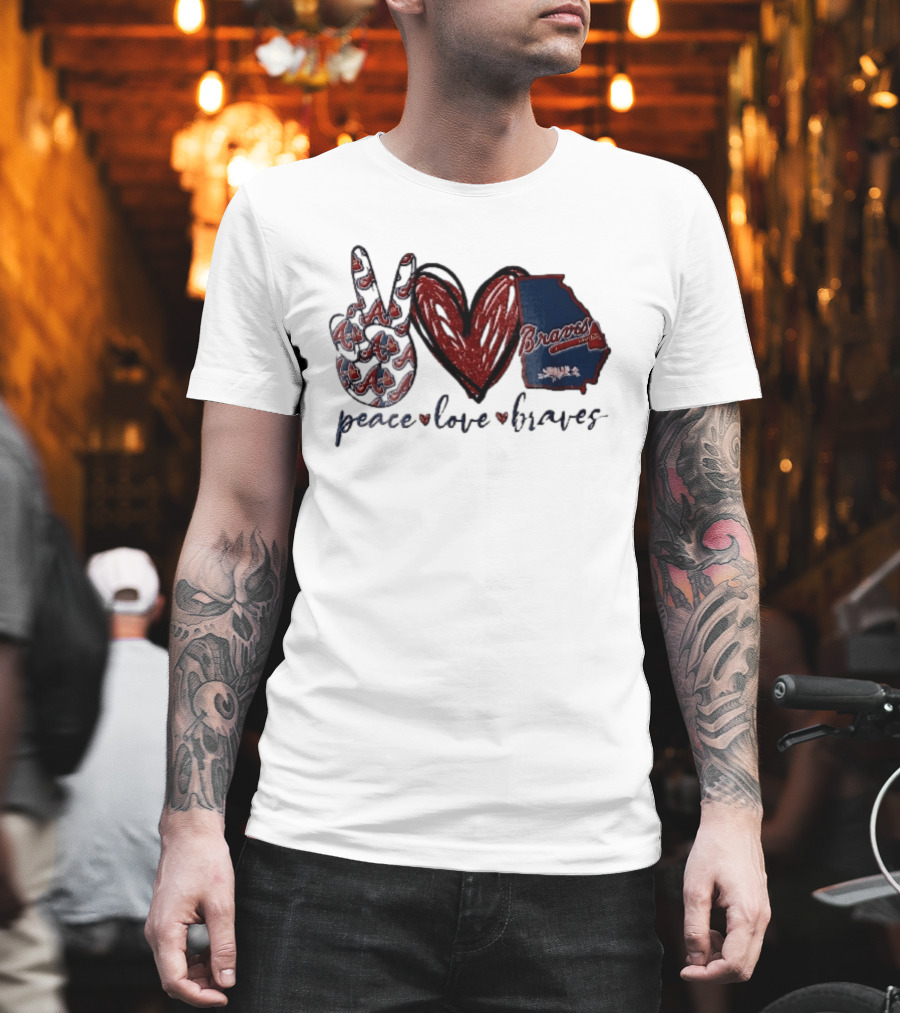 Peace Love Braves Hand Red Glitter Heart Georgia Map T-Shirt