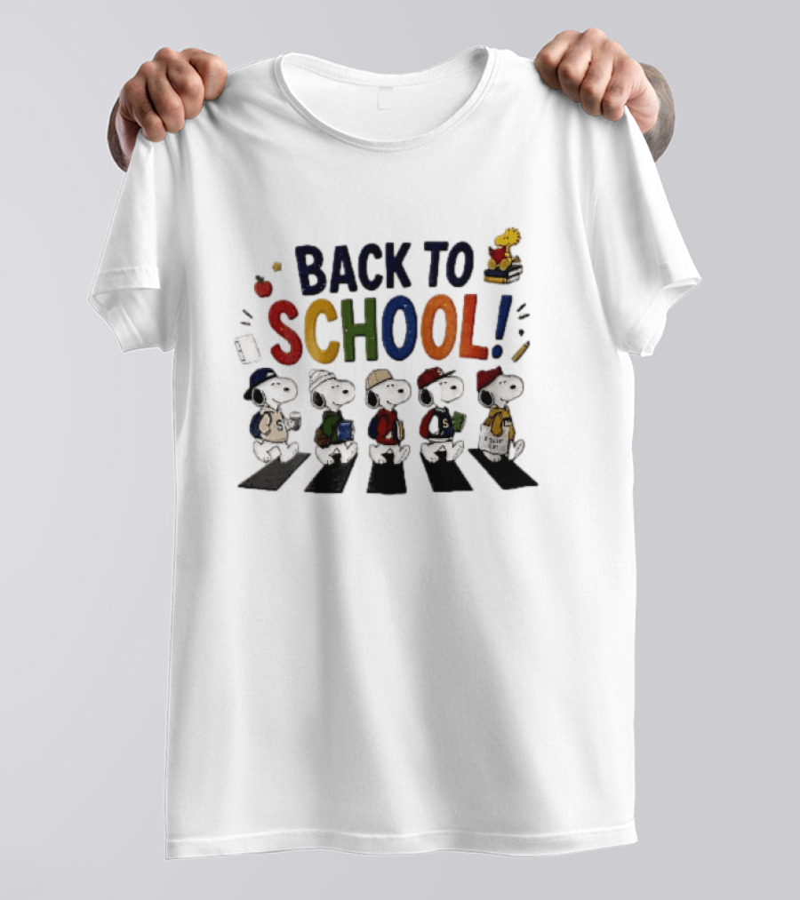 Back To School Snoopy Characters Walking Abbey Road With Woodstock Books T-Shirt