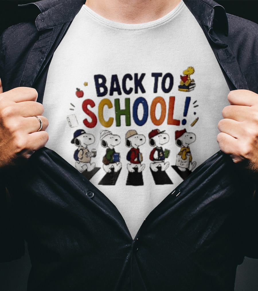 Back To School Snoopy Characters Walking Abbey Road With Woodstock Books T-Shirt