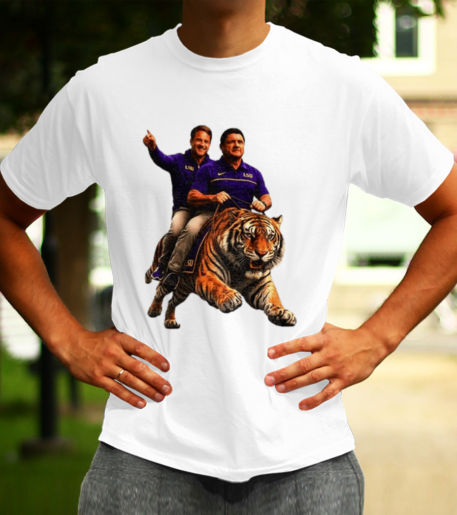 Bayou Brothers Tiger Riding LSU Coach Ed Orgeron Vs Kim Mulkey T-Shirt