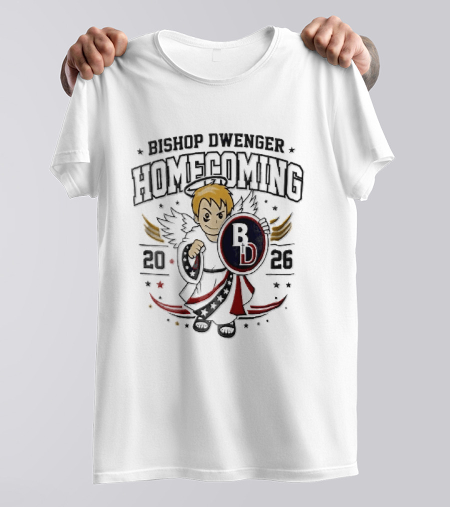 Bishop Dwenger Homecoming 2026 Cartoon Angel Holding Shield Stars 2023 T-Shirt