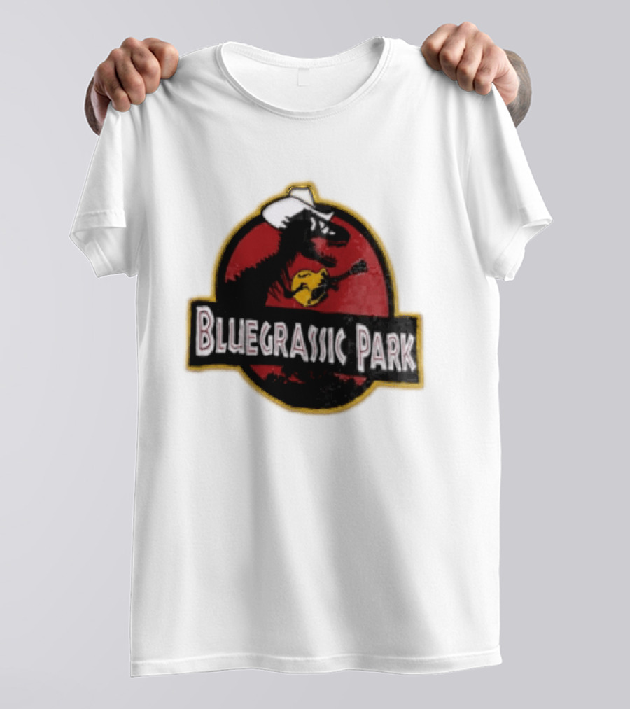 Bluegrassic Park Dinosaur Playing Mandolin Cowboy Hat Jurassic T-Shirt