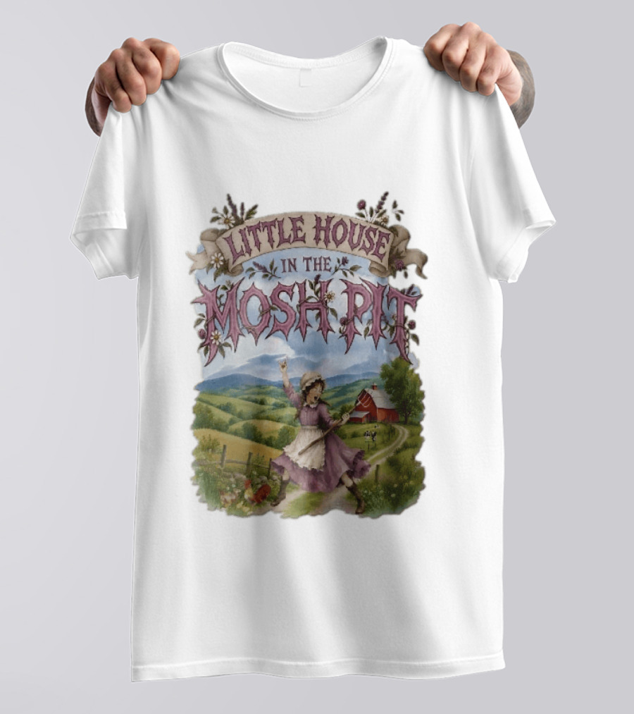 Little House In The Mosh Pit Pioneer Girl Screaming Pitchfork Red Barn Farm Country Scene T-Shirt