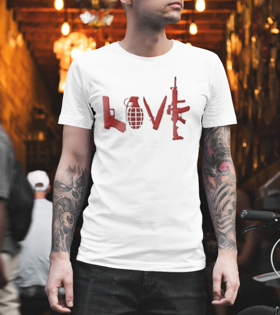 Love Red Pistol Grenade Knife Assault Rifle Weapons T-Shirt