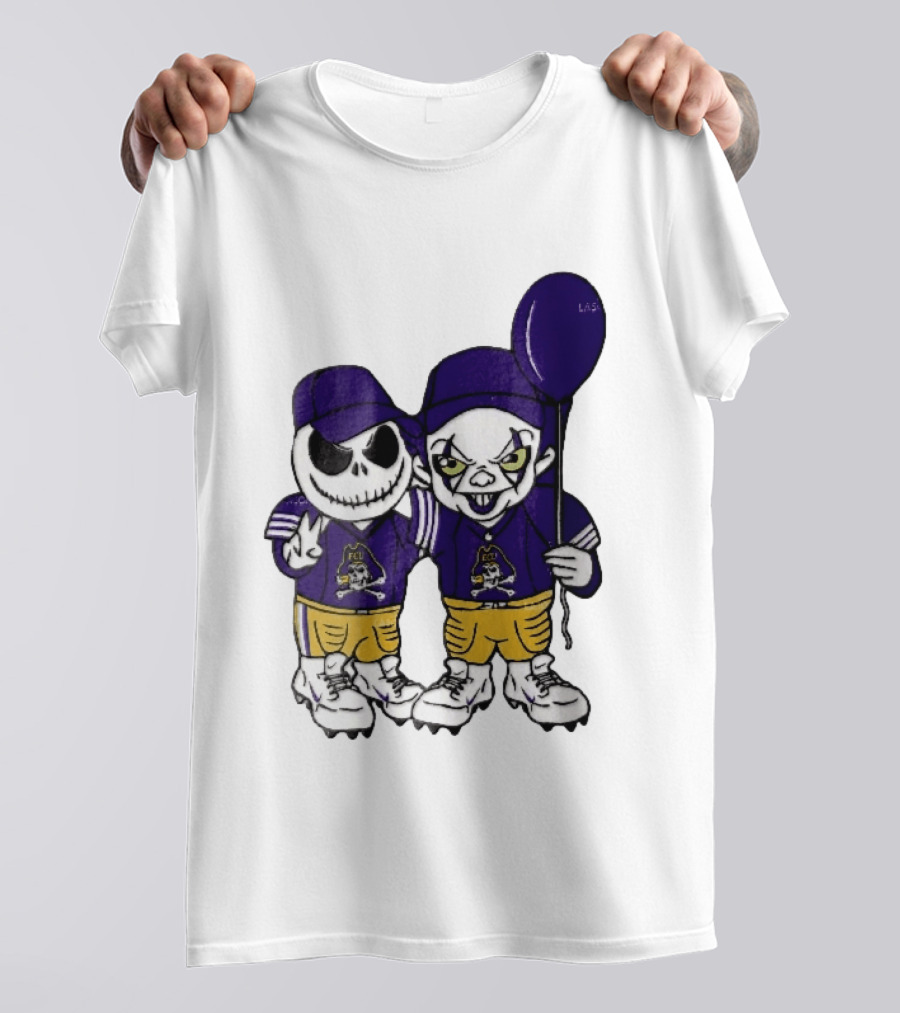 East Carolina Pirates NCAA Jack Skellington Pennywise Clown Purple Balloon T-Shirt