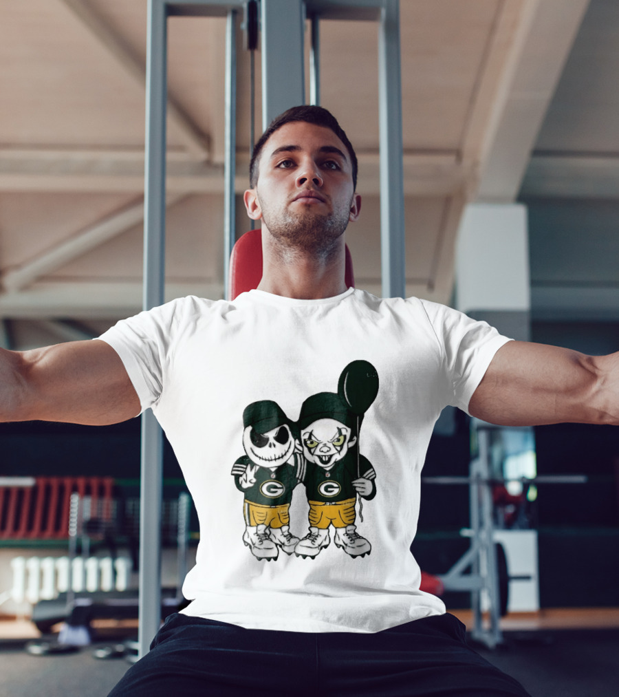 Green Bay Packers Jack Skellington Clown Balloon Cartoon Caricature Duo T-Shirt