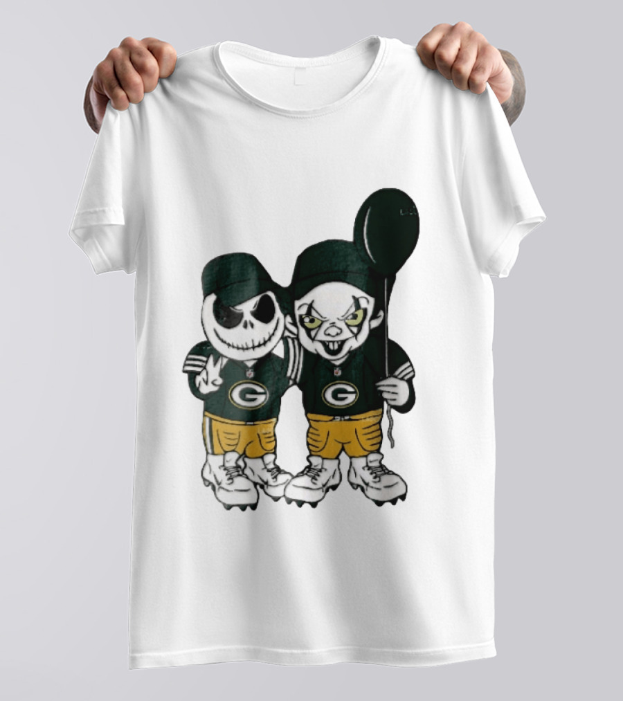 Green Bay Packers Jack Skellington Clown Balloon Cartoon Caricature Duo T-Shirt