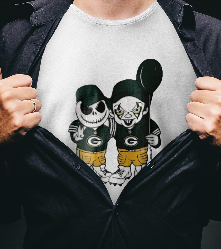 Green Bay Packers Jack Skellington Clown Balloon Cartoon Caricature Duo T-Shirt