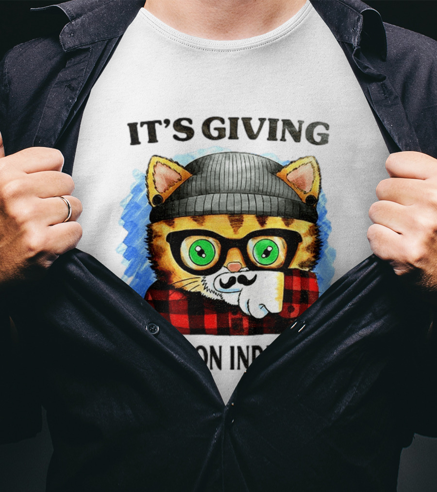 Hipster Cat Glasses Beanie Flannel It's Giving Recession Indicator T-Shirt