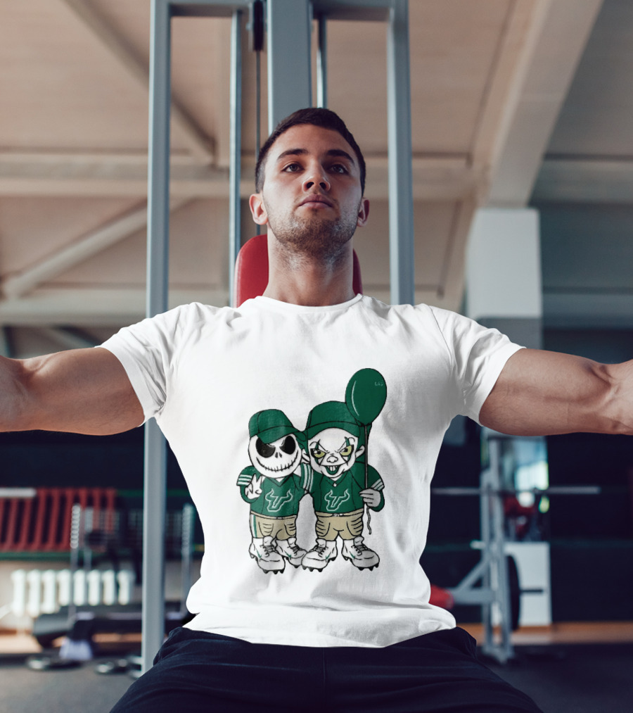 South Florida Bulls Skeleton And Evil Clown With Balloon NCAA Cartoon T-Shirt