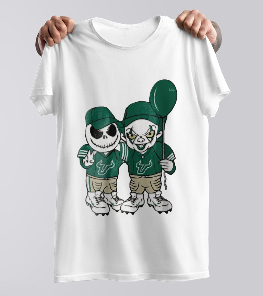South Florida Bulls Skeleton And Evil Clown With Balloon NCAA Cartoon T-Shirt