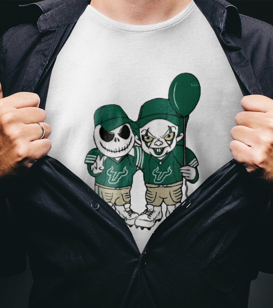 South Florida Bulls Skeleton And Evil Clown With Balloon NCAA Cartoon T-Shirt