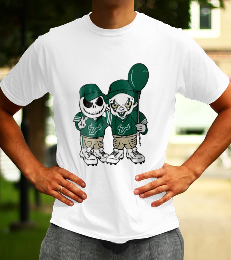 South Florida Bulls Skeleton And Evil Clown With Balloon NCAA Cartoon T-Shirt
