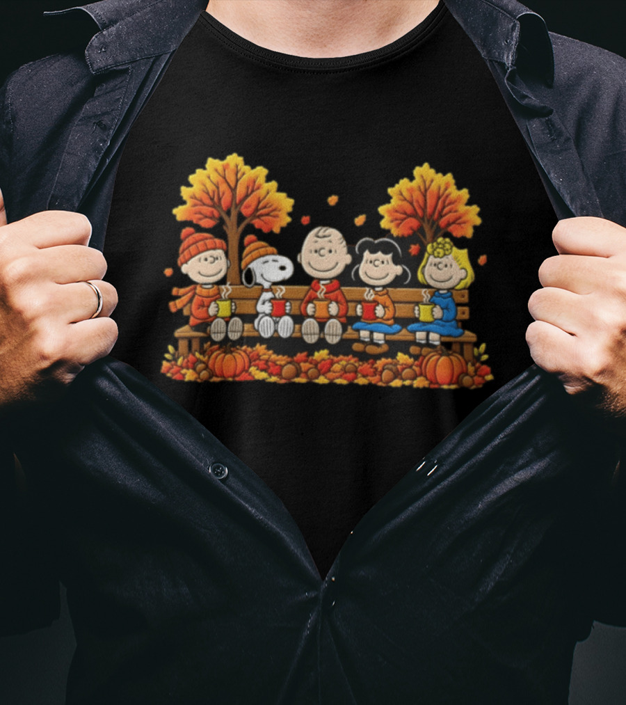 Peanuts Autumn Harvest Scene On Bench With Pumpkins And Falling Leaves T-Shirt