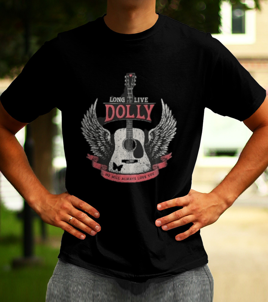 Long Live Dolly Distressed Winged Acoustic Guitar Butterfly Red Banner We Will Always Love You T-Shirt