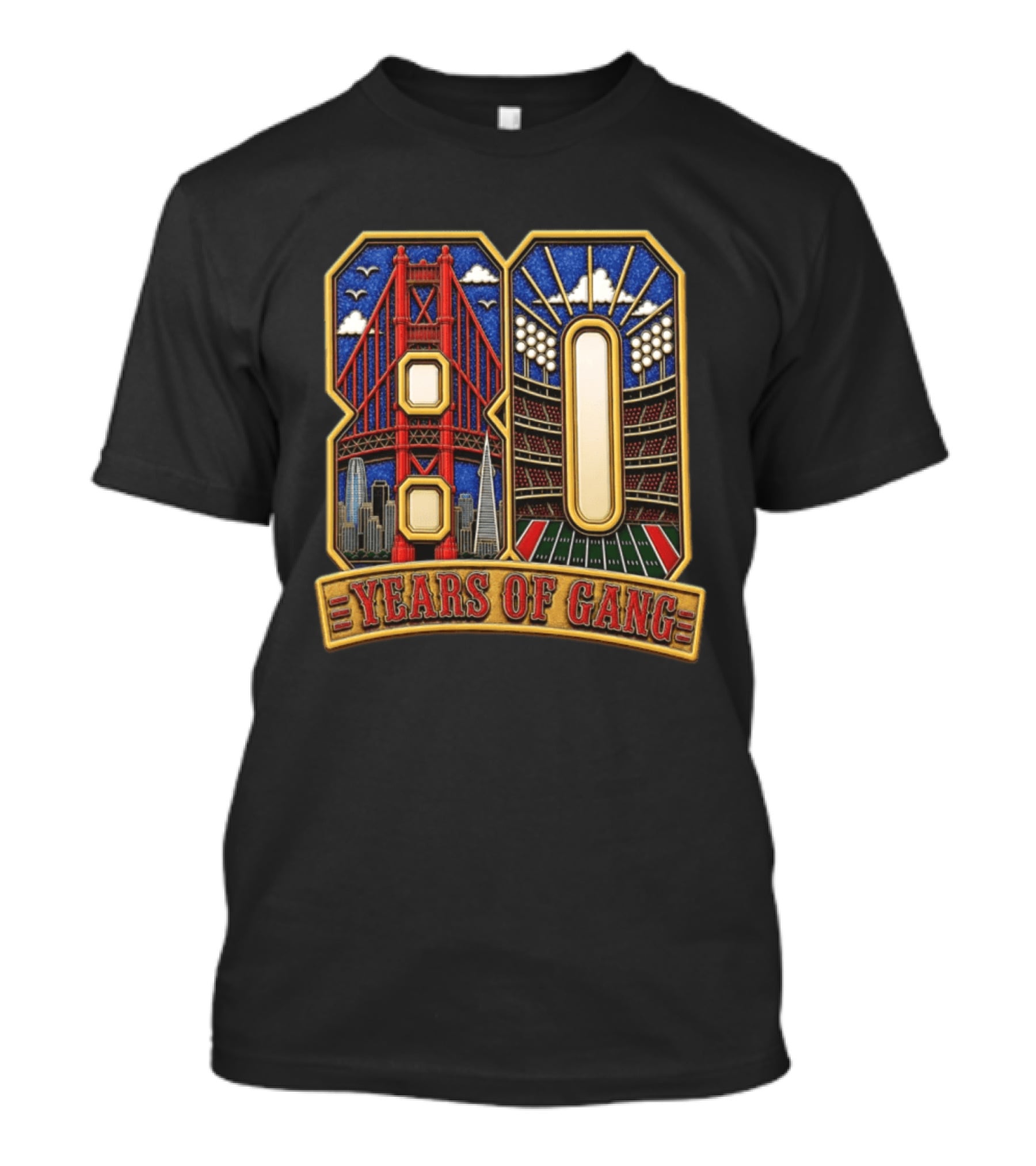 San Francisco 49ers 80 Years Of Gang Bridge And Stadium Celebration T-Shirt