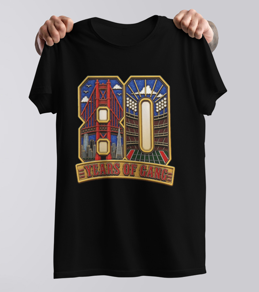 San Francisco 49ers 80 Years Of Gang Bridge And Stadium Celebration T-Shirt