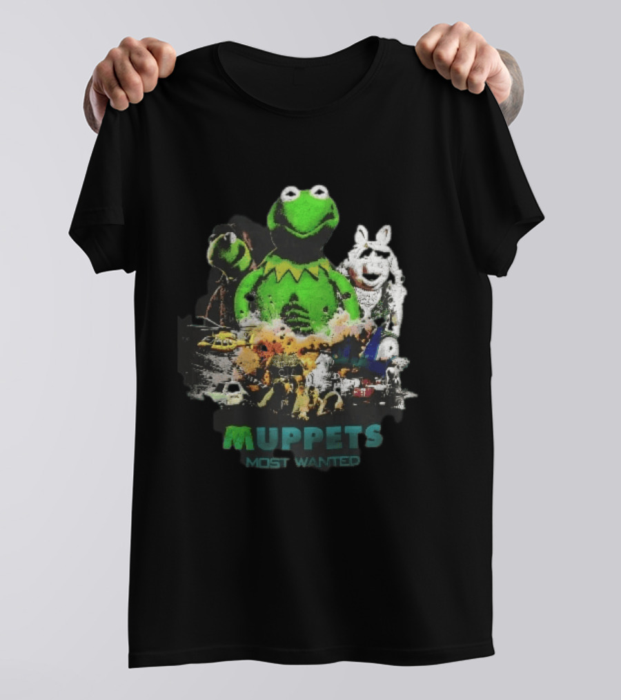 Muppets Most Wanted Kermit Frog Miss Piggy Explosion Helicopter Collage T-Shirt