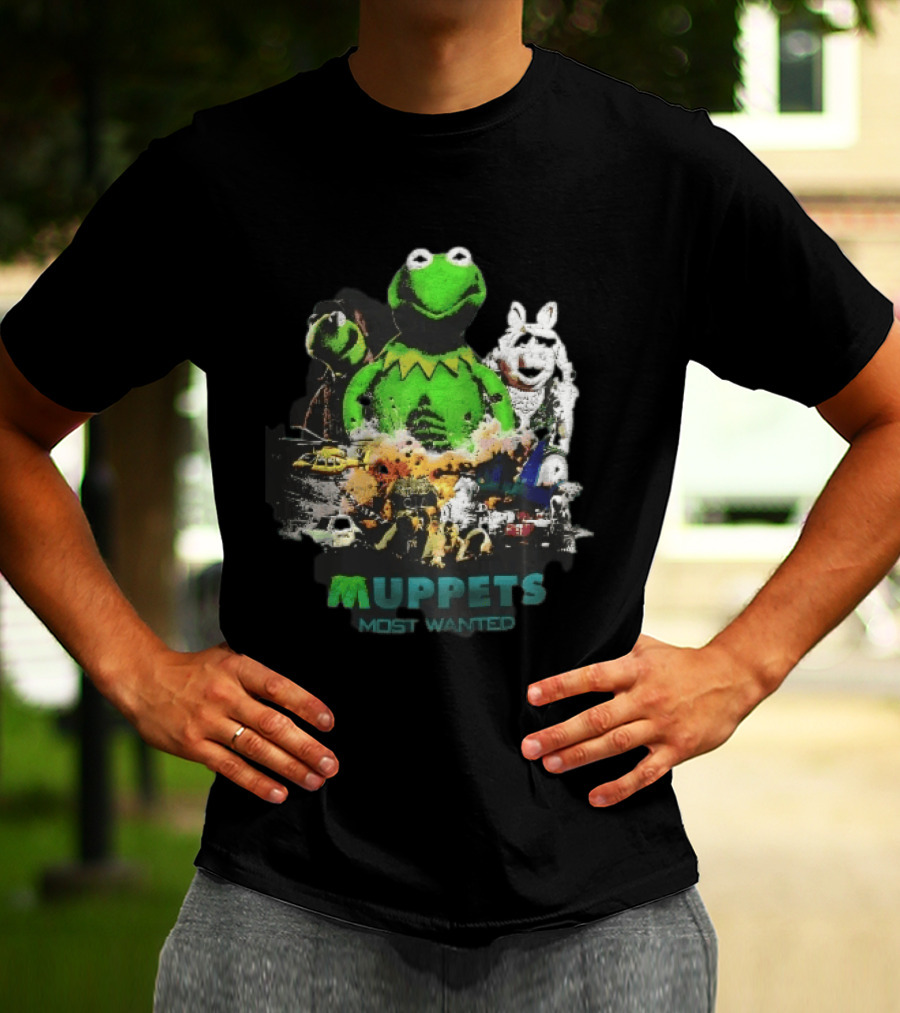 Muppets Most Wanted Kermit Frog Miss Piggy Explosion Helicopter Collage T-Shirt
