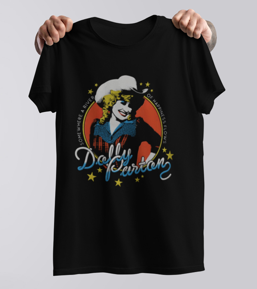 Somewhere A River Of Happiness Flows Dolly Parton Country Music Icon Cowboy Hat Stars T-Shirt