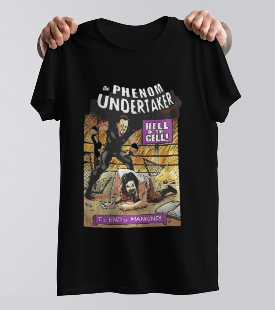 The Phenom Undertaker Hell In The Cell End Of Mankind Cartoon Wrestler Standing Over Opponent T-Shirt