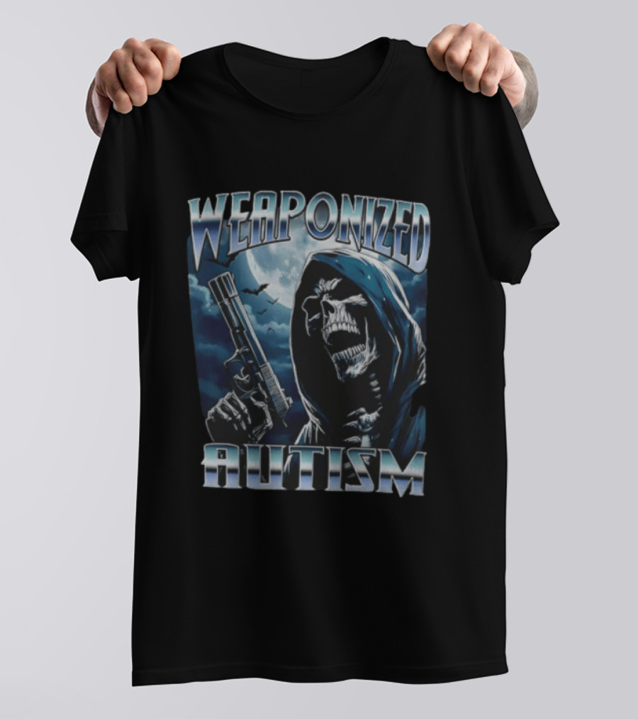 Weaponized Autism Skeleton With Gun Under Moonlight T-Shirt