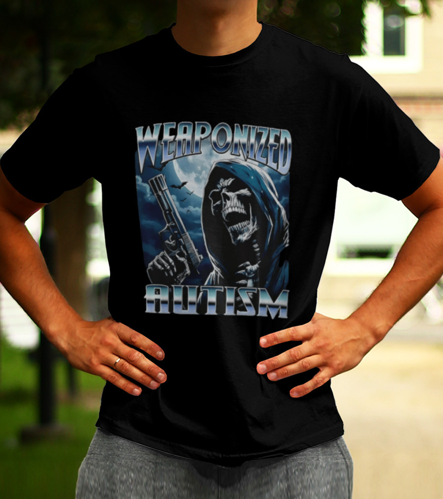 Weaponized Autism Skeleton With Gun Under Moonlight T-Shirt