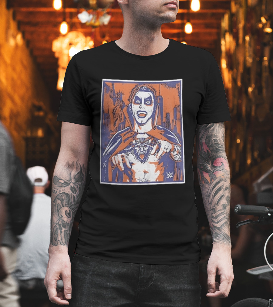 WWE Facepaint Wrestler At Liberty Statue Skyline With Demon Tattoo T-Shirt