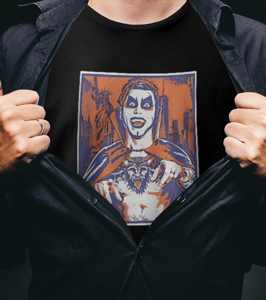 WWE Facepaint Wrestler At Liberty Statue Skyline With Demon Tattoo T-Shirt
