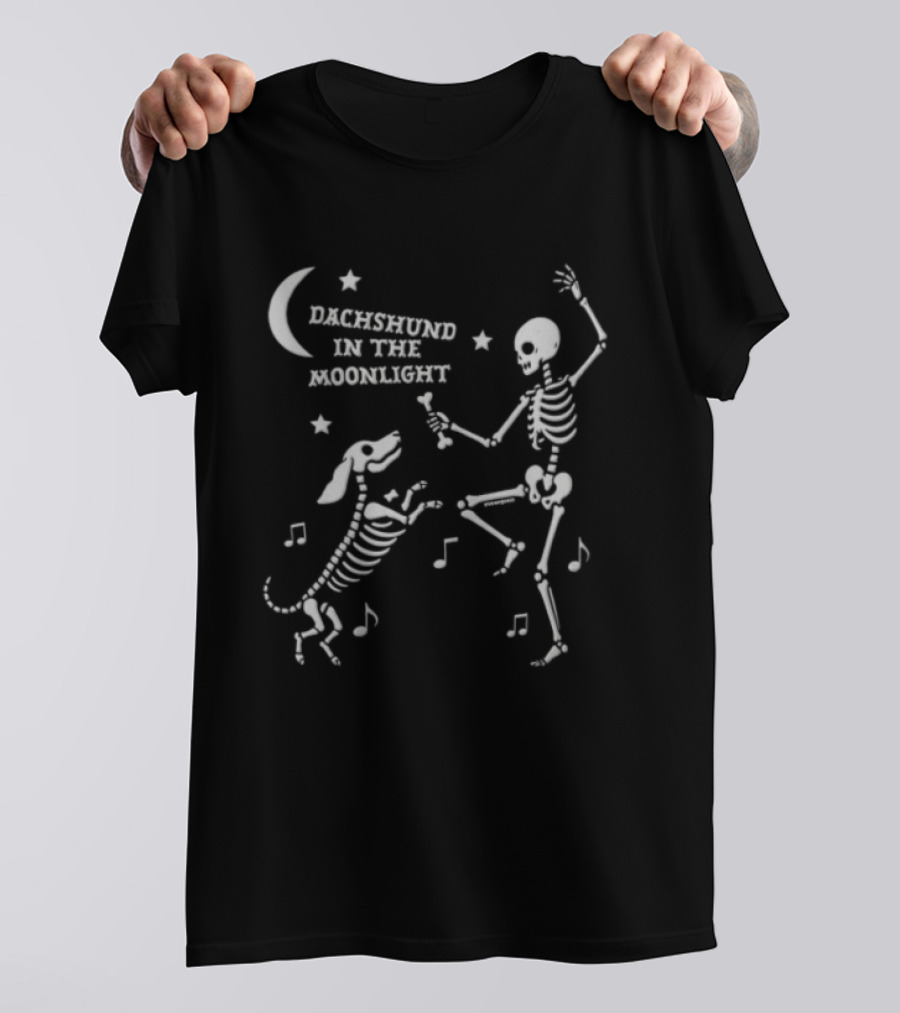 Dachshund In The Moonlight Skeleton Dancing With Dog Music Notes T-Shirt