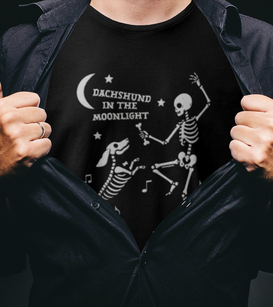 Dachshund In The Moonlight Skeleton Dancing With Dog Music Notes T-Shirt