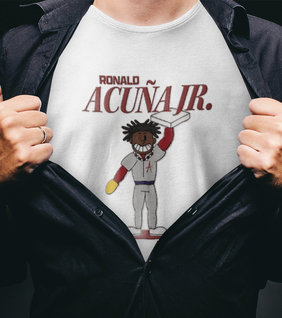 Ronald Acuna Jr Cartoon Caricature Holding Baseball Base Atlanta Braves MLB T-Shirt