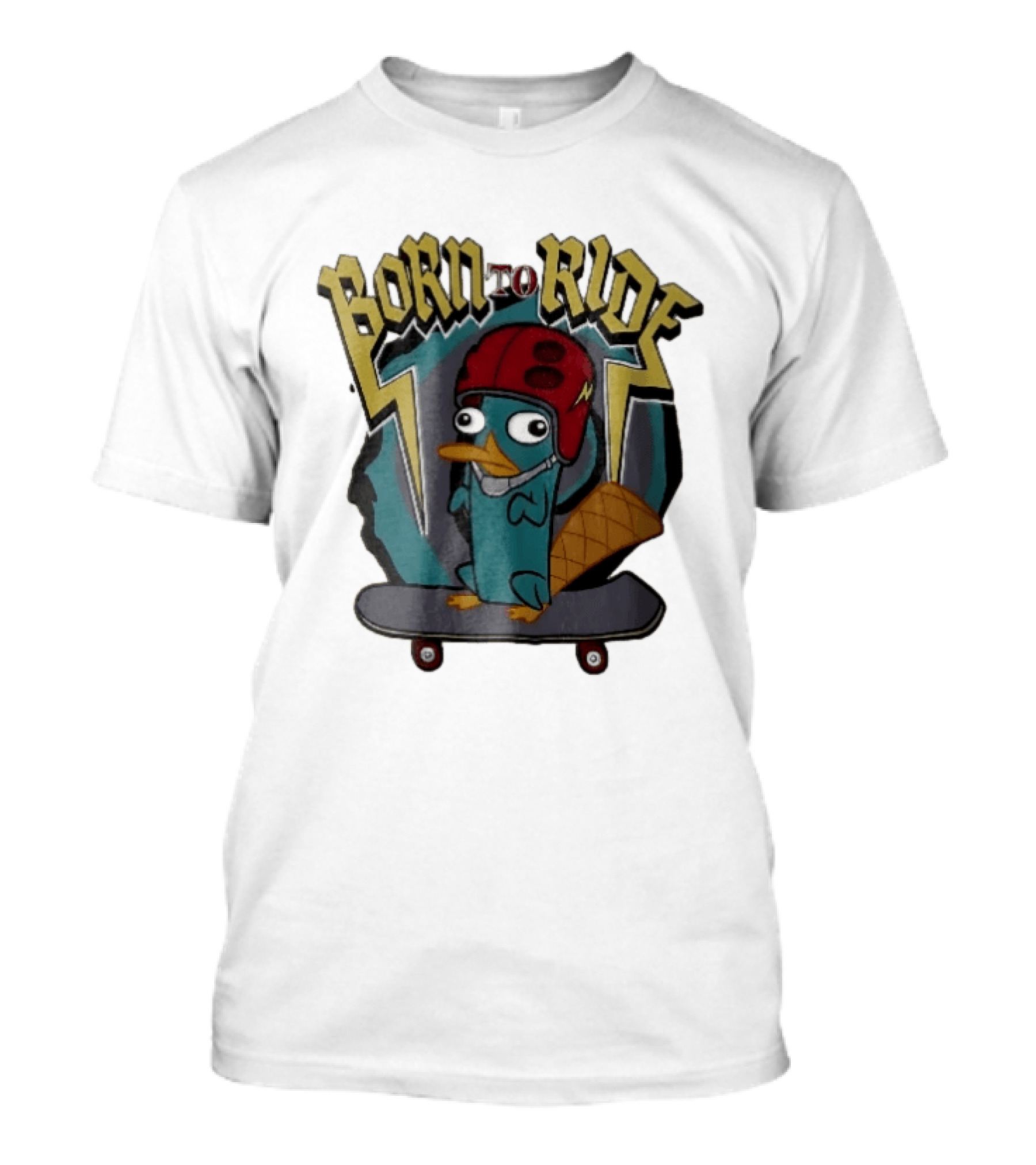 Born To Ride Cartoon Platypus Red Helmet Skateboard T-Shirt