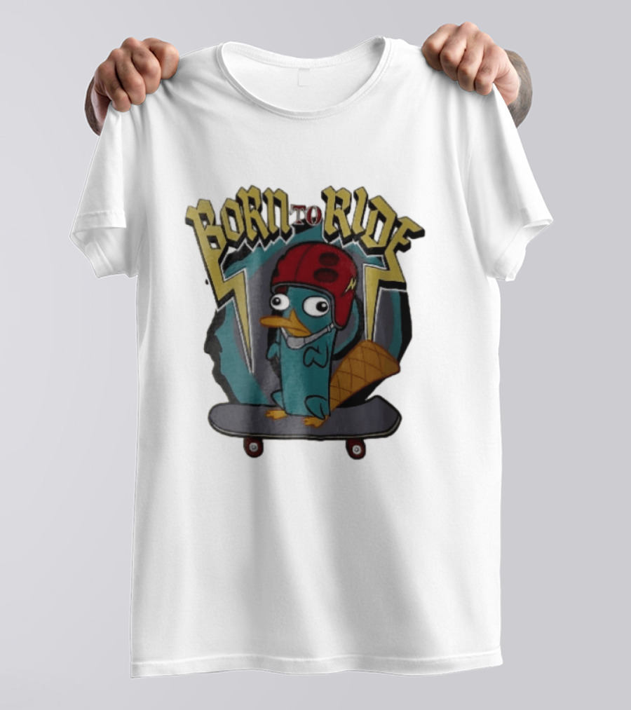 Born To Ride Cartoon Platypus Red Helmet Skateboard T-Shirt