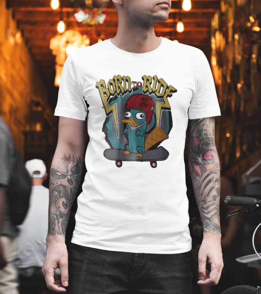 Born To Ride Cartoon Platypus Red Helmet Skateboard T-Shirt
