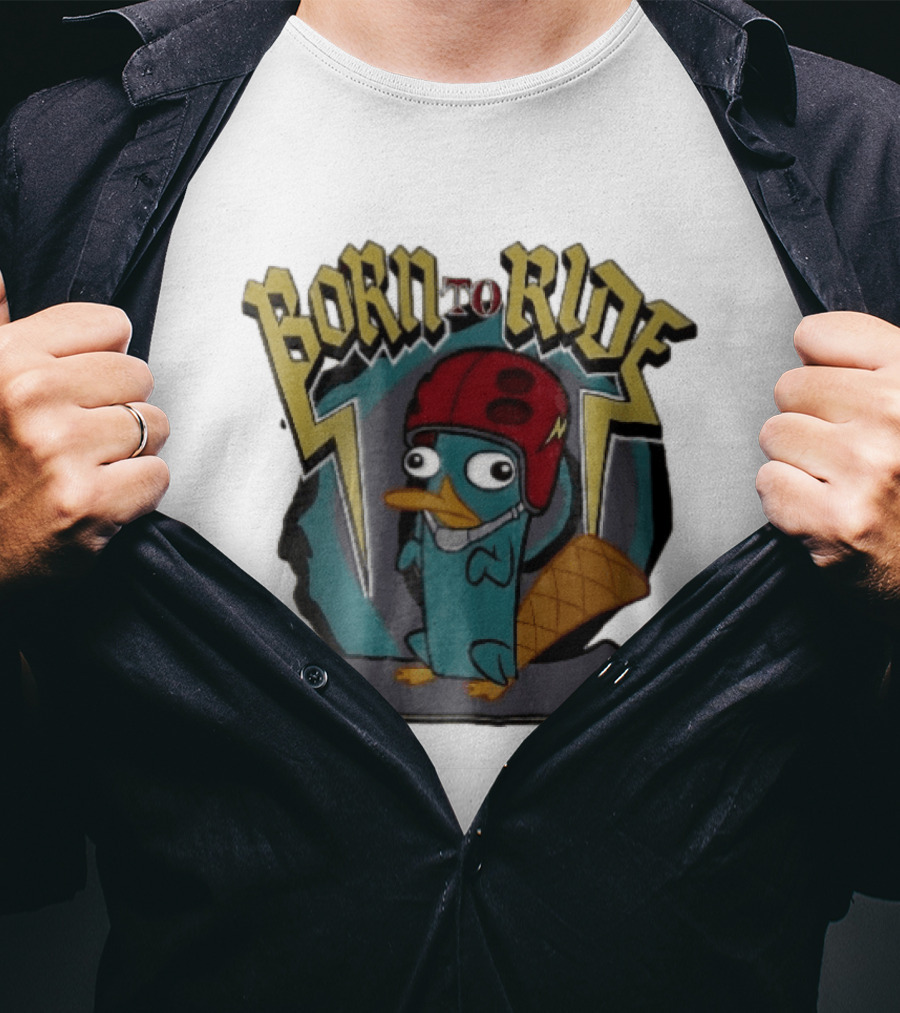 Born To Ride Cartoon Platypus Red Helmet Skateboard T-Shirt