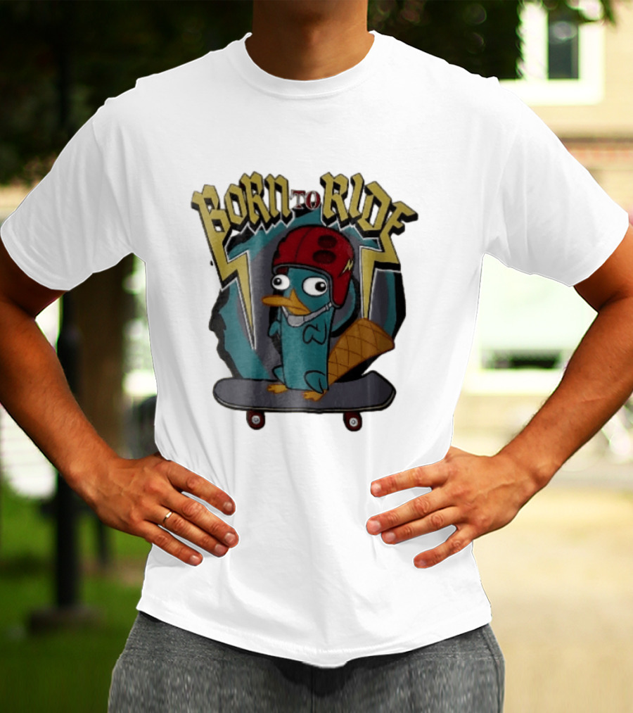 Born To Ride Cartoon Platypus Red Helmet Skateboard T-Shirt