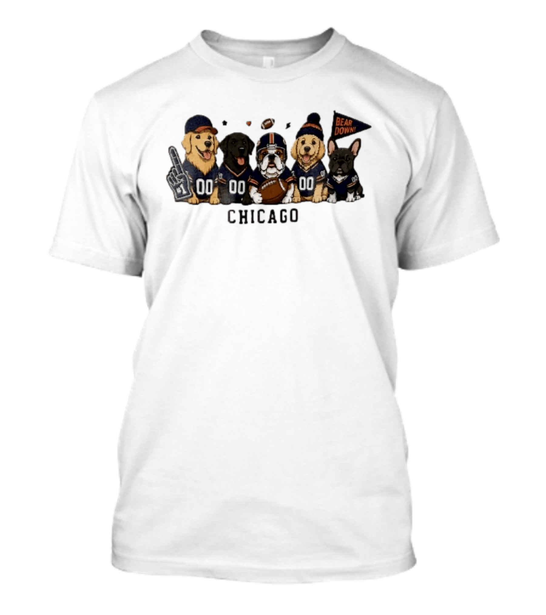 Chicago Bears Bear Down Five Cartoon Dogs In Football Jerseys With Flag And Foam Finger T-Shirt