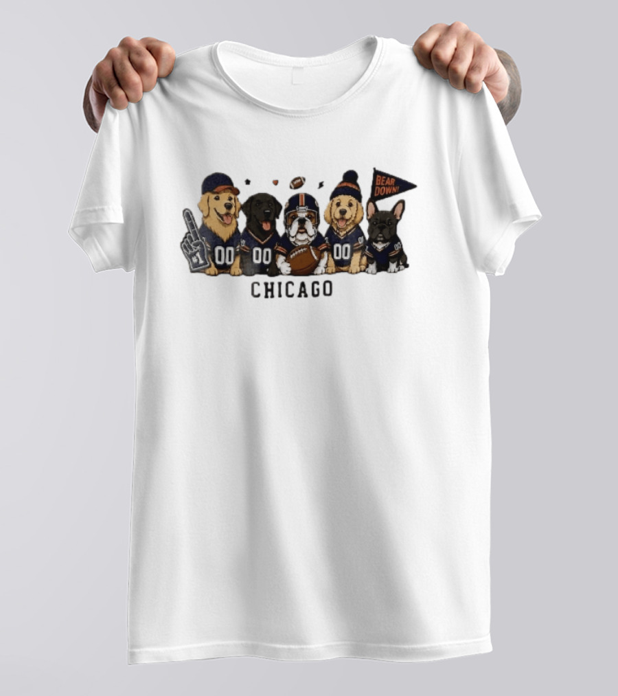 Chicago Bears Bear Down Five Cartoon Dogs In Football Jerseys With Flag And Foam Finger T-Shirt