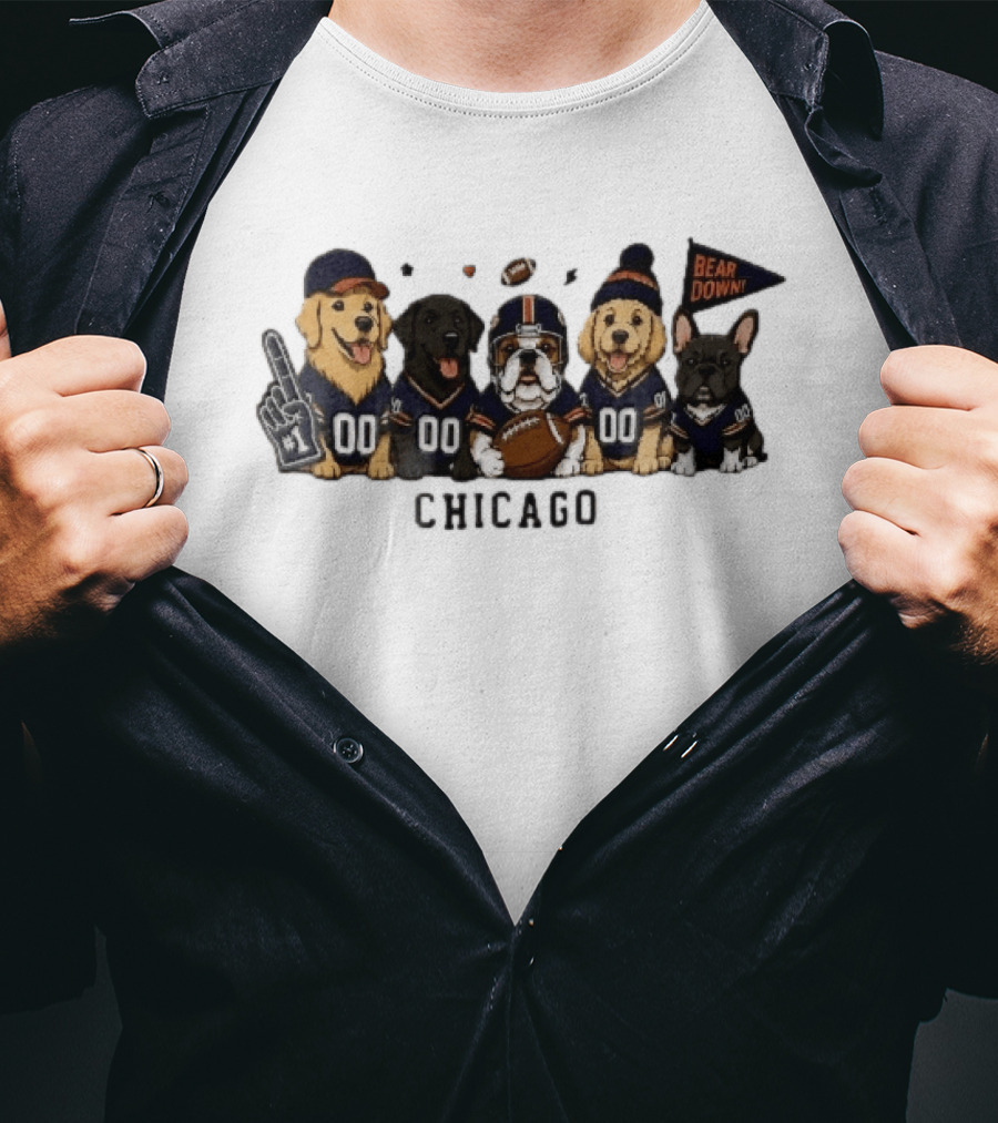 Chicago Bears Bear Down Five Cartoon Dogs In Football Jerseys With Flag And Foam Finger T-Shirt