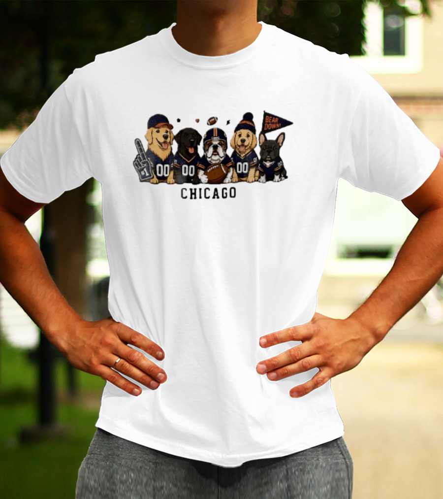 Chicago Bears Bear Down Five Cartoon Dogs In Football Jerseys With Flag And Foam Finger T-Shirt