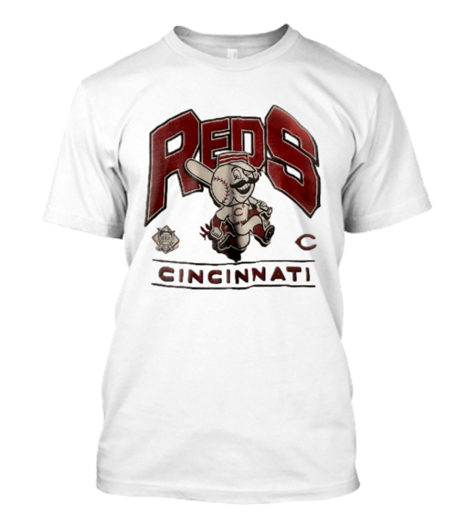 Cincinnati Reds Cartoon Running Bat Mascot Vintage MLB Fan Gear T-Shirt