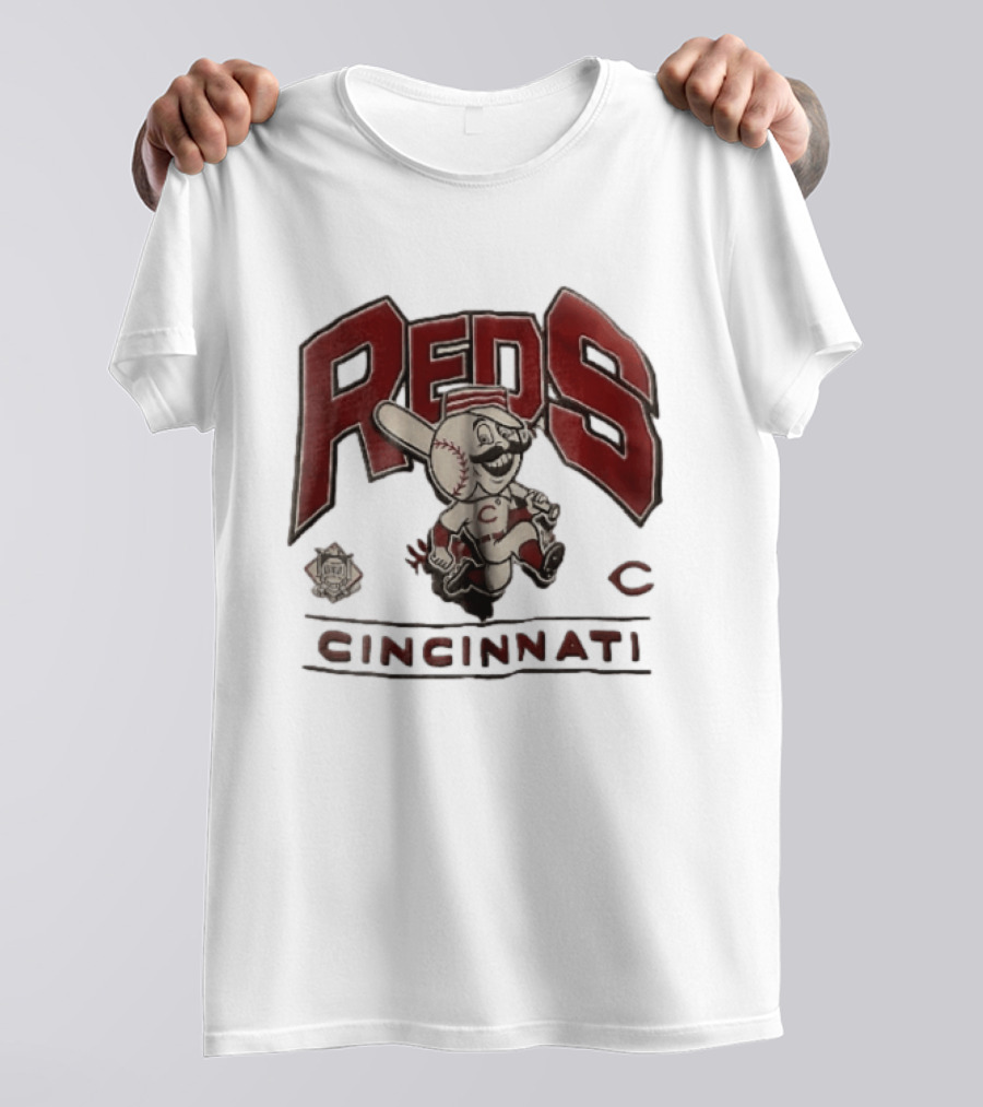 Cincinnati Reds Cartoon Running Bat Mascot Vintage MLB Fan Gear T-Shirt