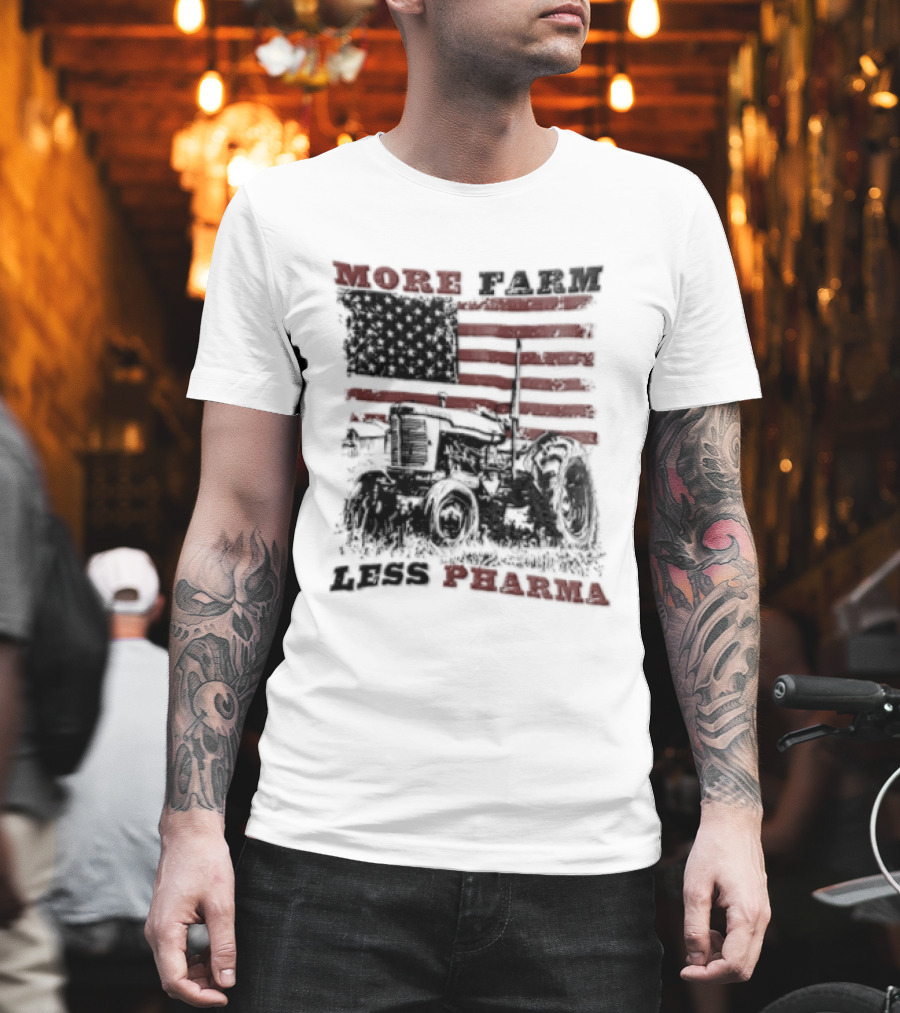 More Farm Less Pharma Distressed American Flag Tractor T-Shirt