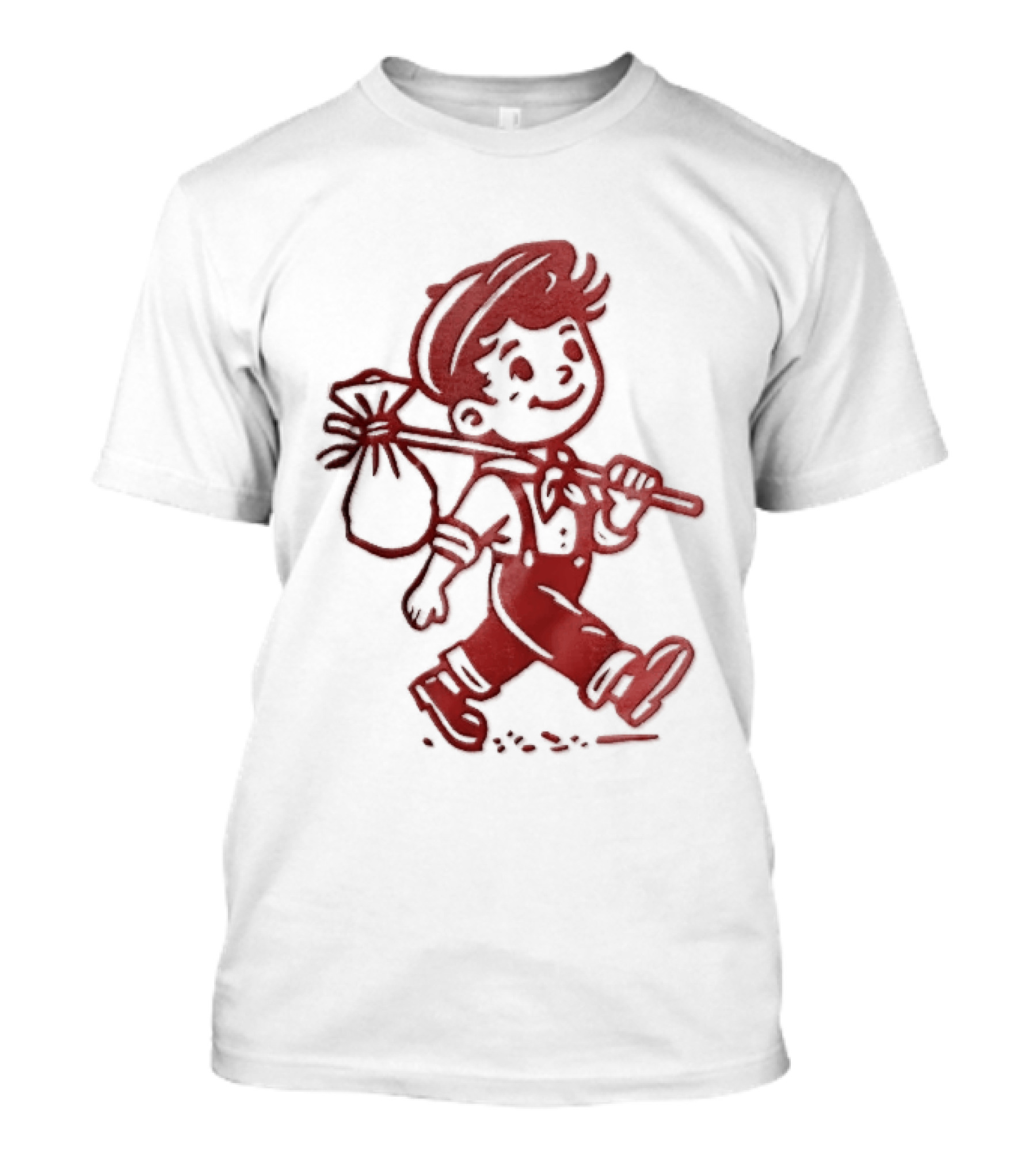 Red Line Cartoon Boy With Bindle Knapsack Stick Drawing T-Shirt