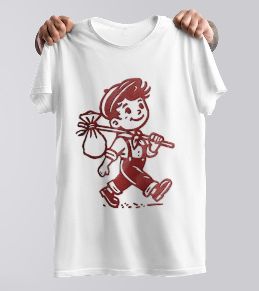 Red Line Cartoon Boy With Bindle Knapsack Stick Drawing T-Shirt