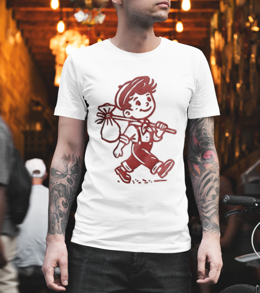 Red Line Cartoon Boy With Bindle Knapsack Stick Drawing T-Shirt