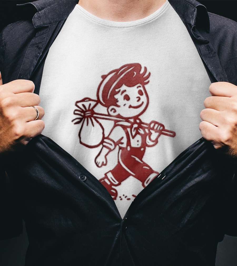 Red Line Cartoon Boy With Bindle Knapsack Stick Drawing T-Shirt