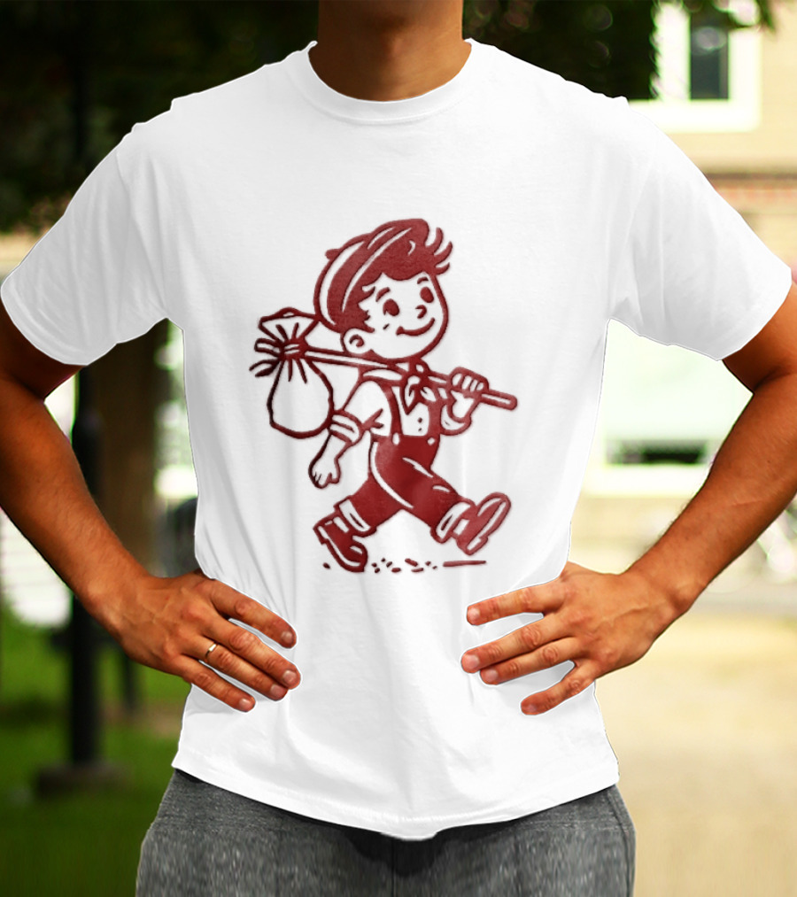 Red Line Cartoon Boy With Bindle Knapsack Stick Drawing T-Shirt