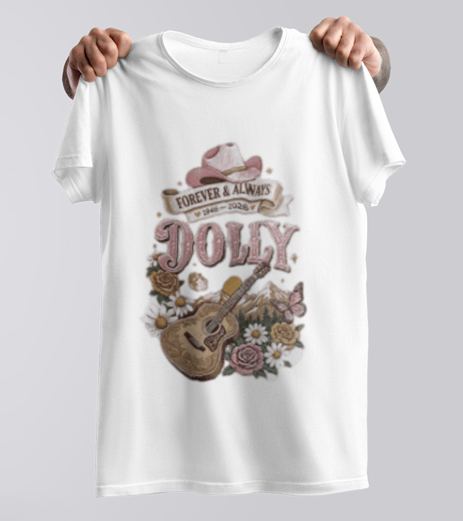 Forever & Always Dolly 1946 2026 Cowboy Hat Guitar Flowers Butterfly T-Shirt